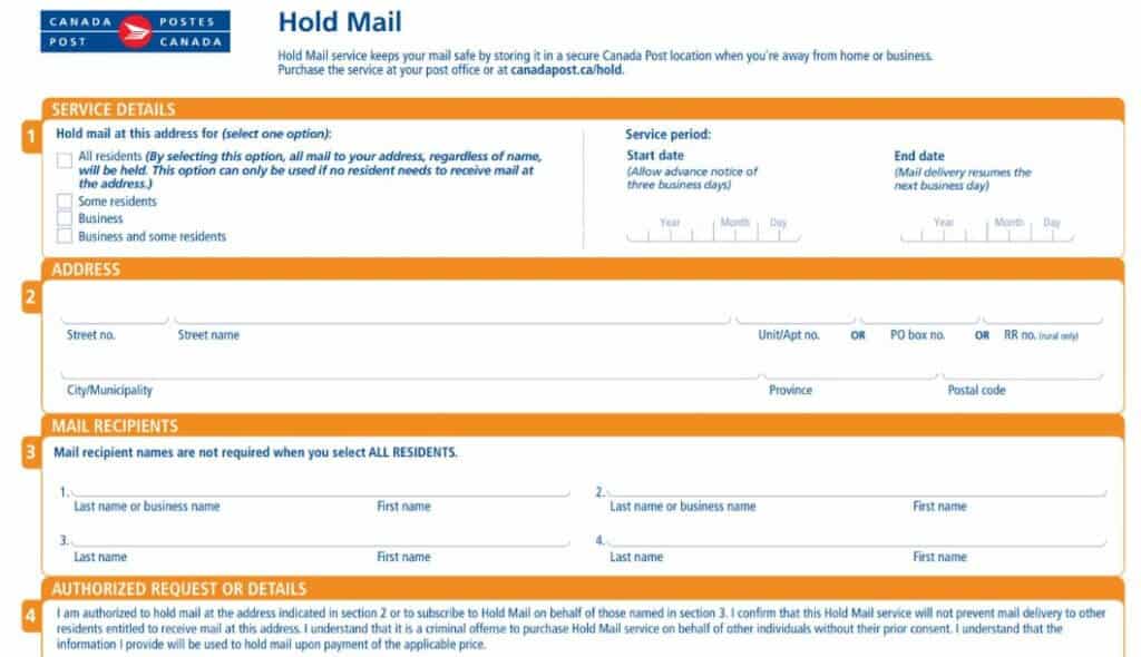 Hold mail form