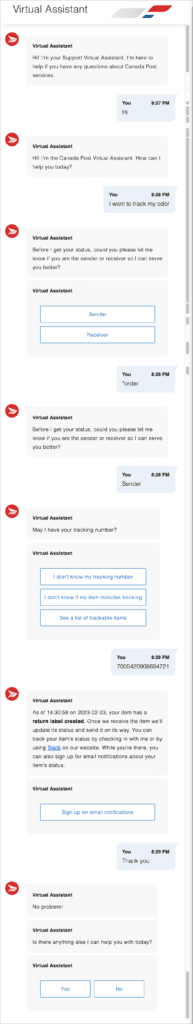 Talking with virtual assistant at Canada Post