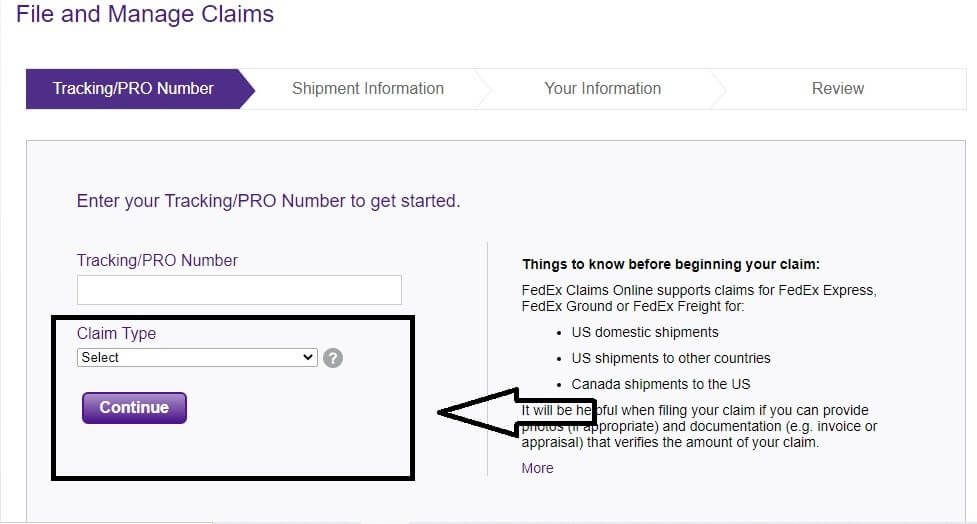 select fedex file claim type