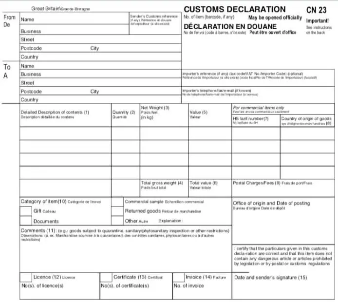 Custom declaration form CN 23