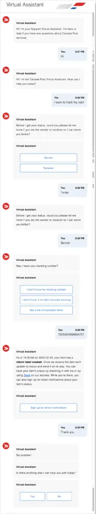 Talking with virtual assistant at canada post